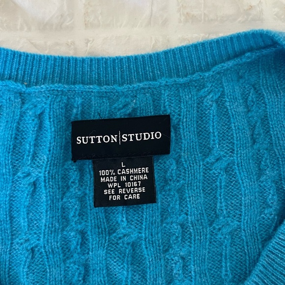 Sutton Studio Blue V-Neck Cashmere Sweater Cable Knit - Picture 3 of 6